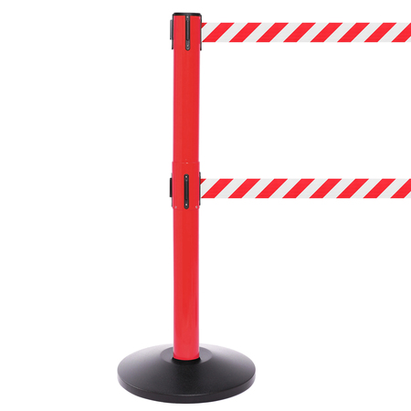 QUEUE SOLUTIONS SafetyPro Twin 300, Red, 16' Red/White Diagonal Striped Belt SPROTwin300R-RW160